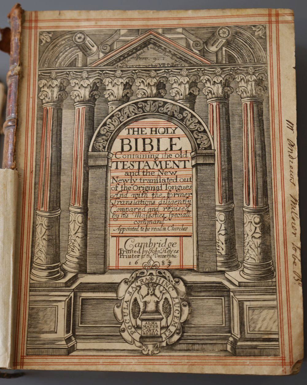 The Bible in English - The Holy Bible, engraved architectural title page, by John Chantrey, with date altered from 1682, include Apochr